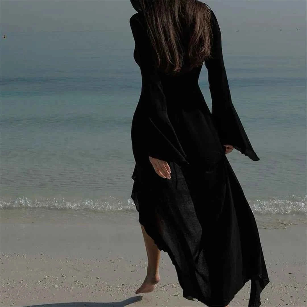 Women's V Neck Ruffled Long Sleeve Dress Chiffon Tunic Beach Cover Up Cover-ups Beach Dress Sunscreen Beachwear Vacation V5976B