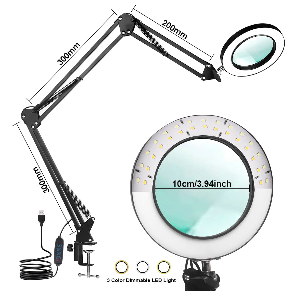 Triple Fold 8X/10X Illuminated Magnifier USB 3 Colors LED Magnifying Glass for Soldering Iron Repair/Table Lamp/Skincare Beauty