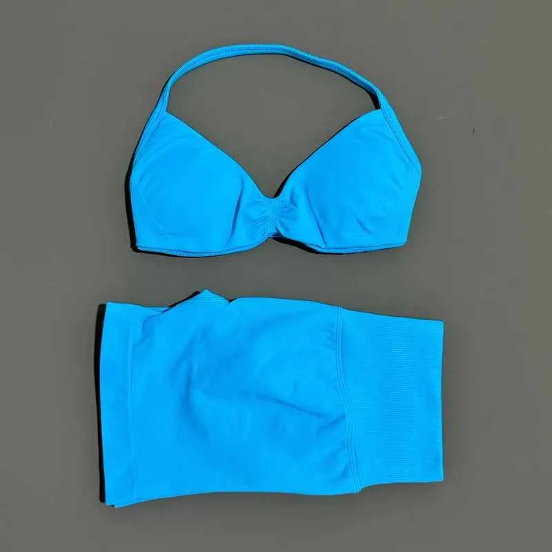 HISTELLO Gym Set 2 Piece Women Strappy Yoga Bra Top Workout Scrunch Shorts Sports Suit Fitness Clothes Seamless Yoga Set
