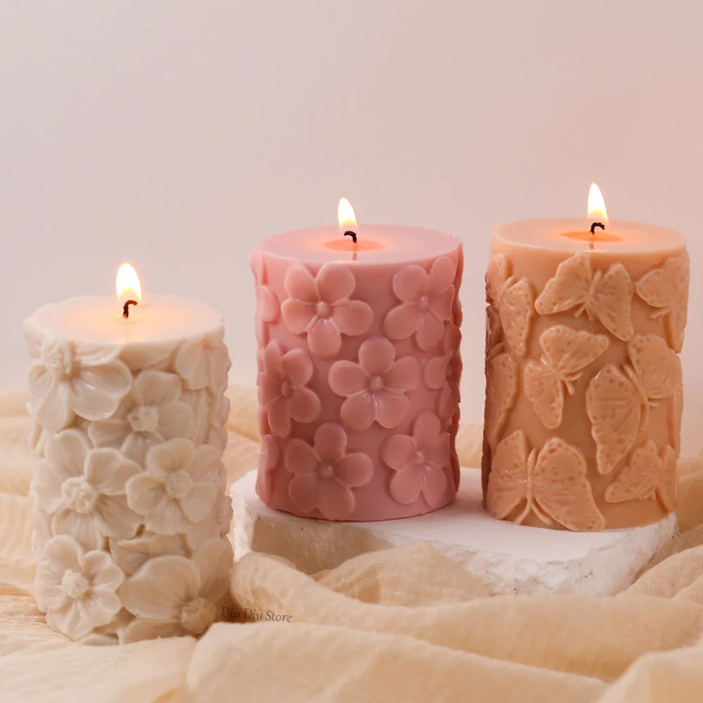 Flower Butterfly Columnar Silicone Candle Mold DIY Waves Soap Resin Plaster Making Tool Geometry Chocolate Mould Home Decor Gift