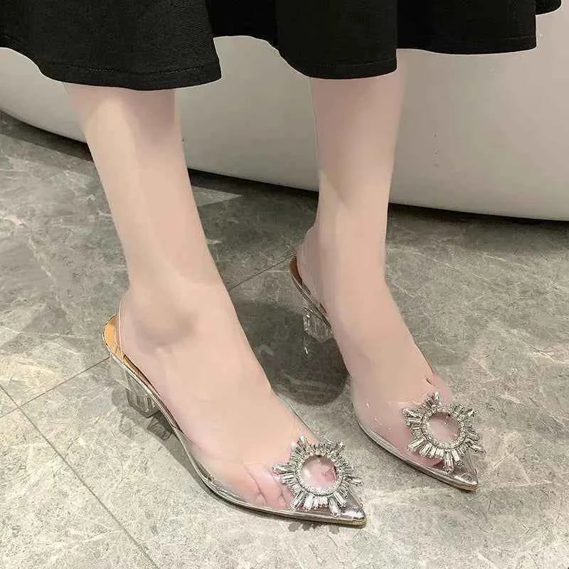 BCEBYL Spring and Autumn Fashion New Sexy Banquet Transparent Comfortable Solid Color Pointed Toe Crystal Ladies High Heels