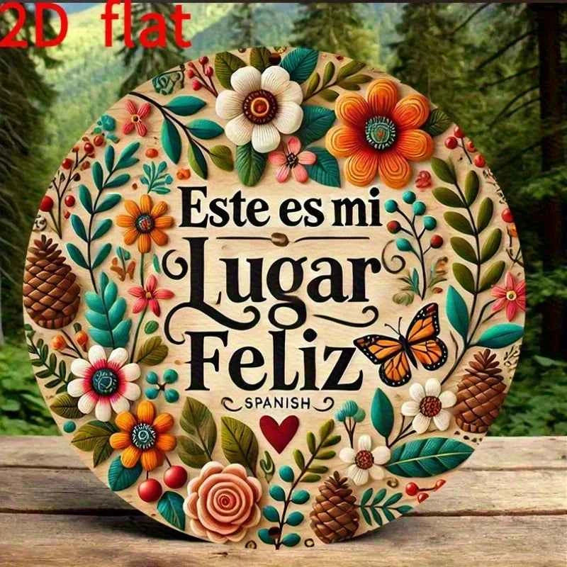 2D Flat, Vintage Wooden Sign Decor for The Room - "My Happy Place" Spanish Quote Wall Art Piece, Suitable for Home, Dining Room,