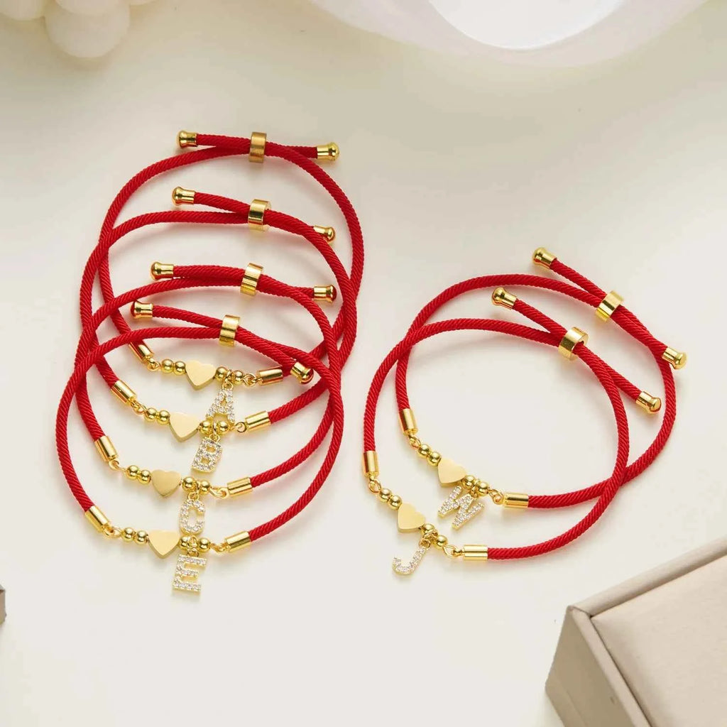 New Gold Stainless Steel Heart Initial Letter Bracelet - Red Rope Charm Jewelry for Men & Women, Lucky Gift