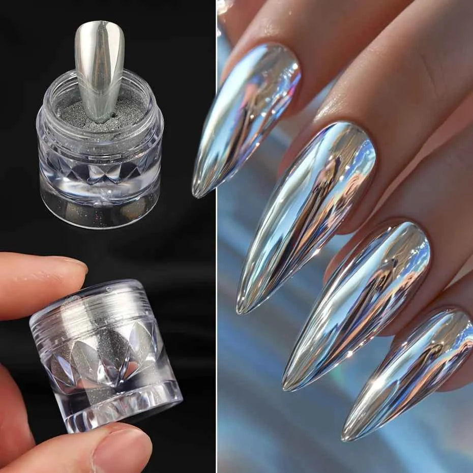 Silver Color Metal Nail Powder Set, Ideal for Shiny Effect, Metallic Glossy Finish, Smooth Application