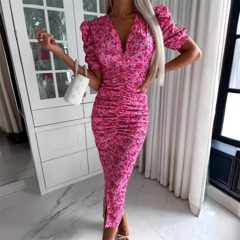 Women Bubble Short Sleeve Dresses Deep V Neck Pullover Dress Split Hem Pleated Gown Female Sweet Style Small Flower Print Frock
