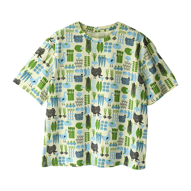 MICOCO T5310C Literary style fresh cartoon print loose crew neck short sleeve T-shirt women