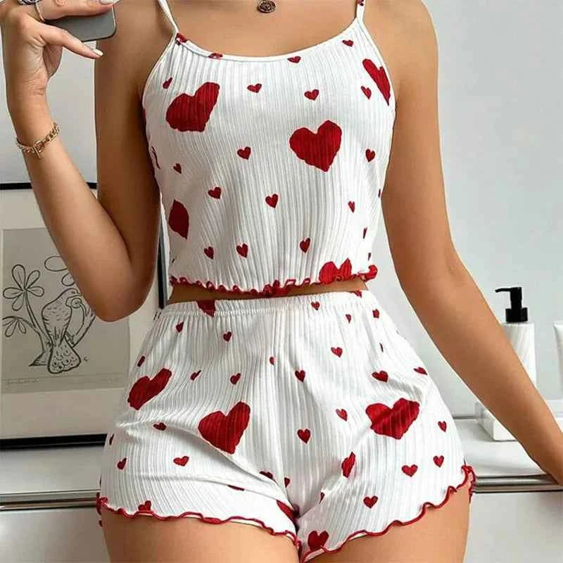 Women's Pajamas Set Sleepwear 2 PCS Short Tank Tops And Shorts S M L White Ventilate Soft Casual Love Printing