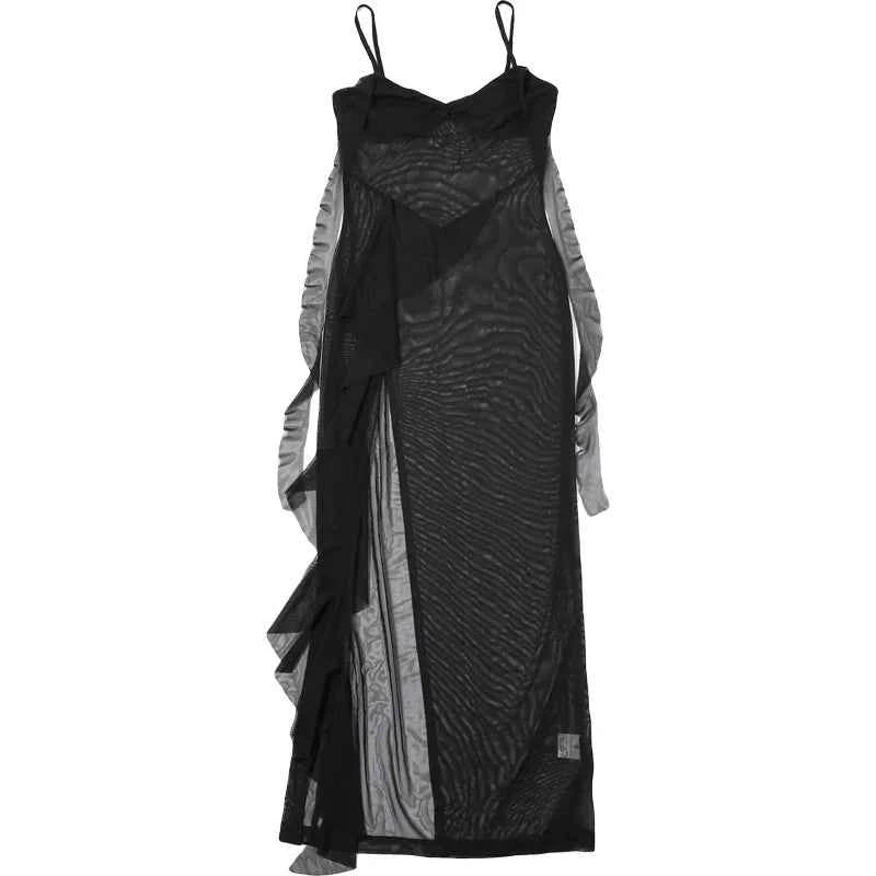 Weird Puss See Through Dress Woman Summer Sexy Spaghetti Straps Patchwork Irregular Tassel Splits Swimsuit Beach Skinny Vestidos