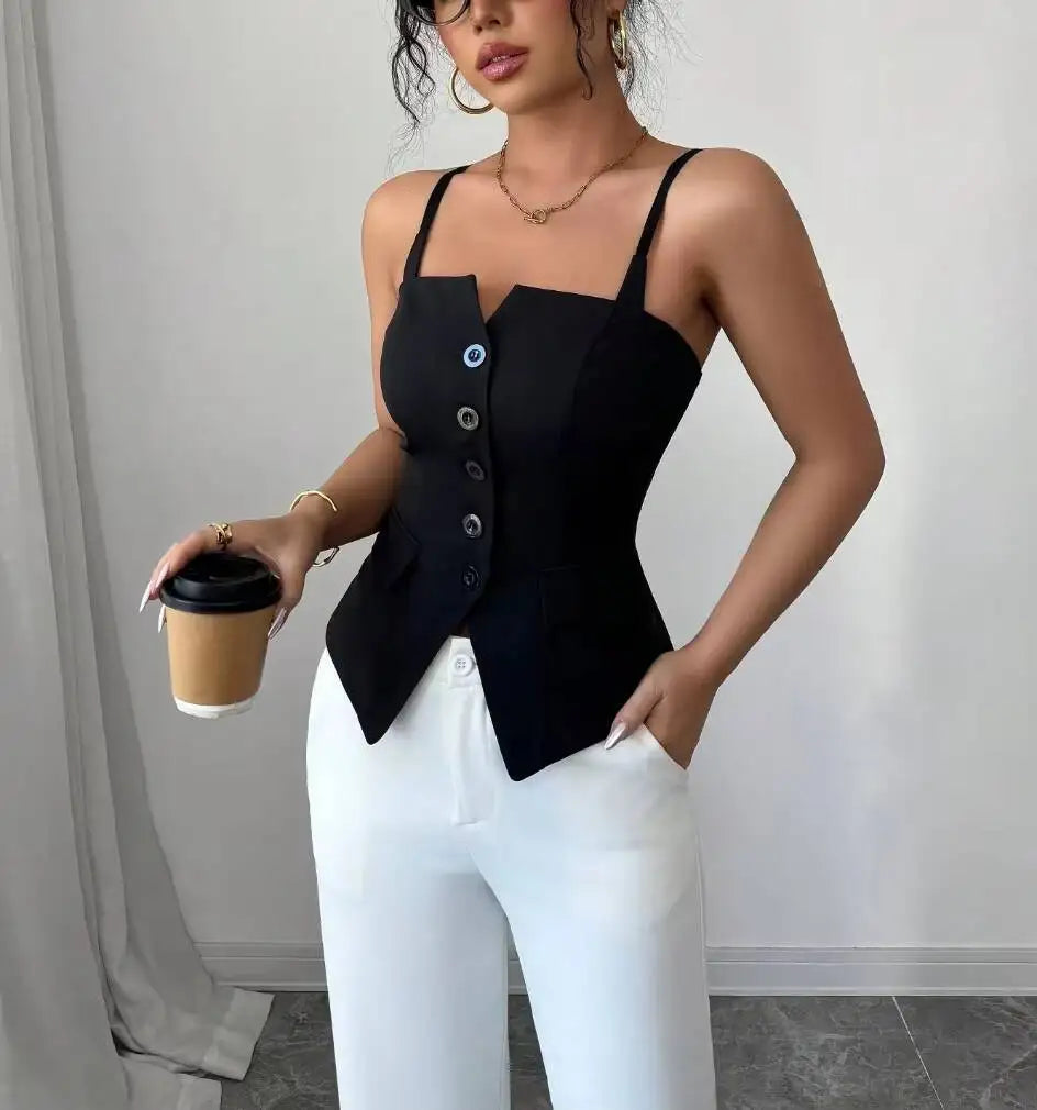 Women's Casual Tank Top Spring Summer Black Top Spaghetti Strap Sweetheart Neck Button Slim Fit Valentine's Day Elegant Sexy Top