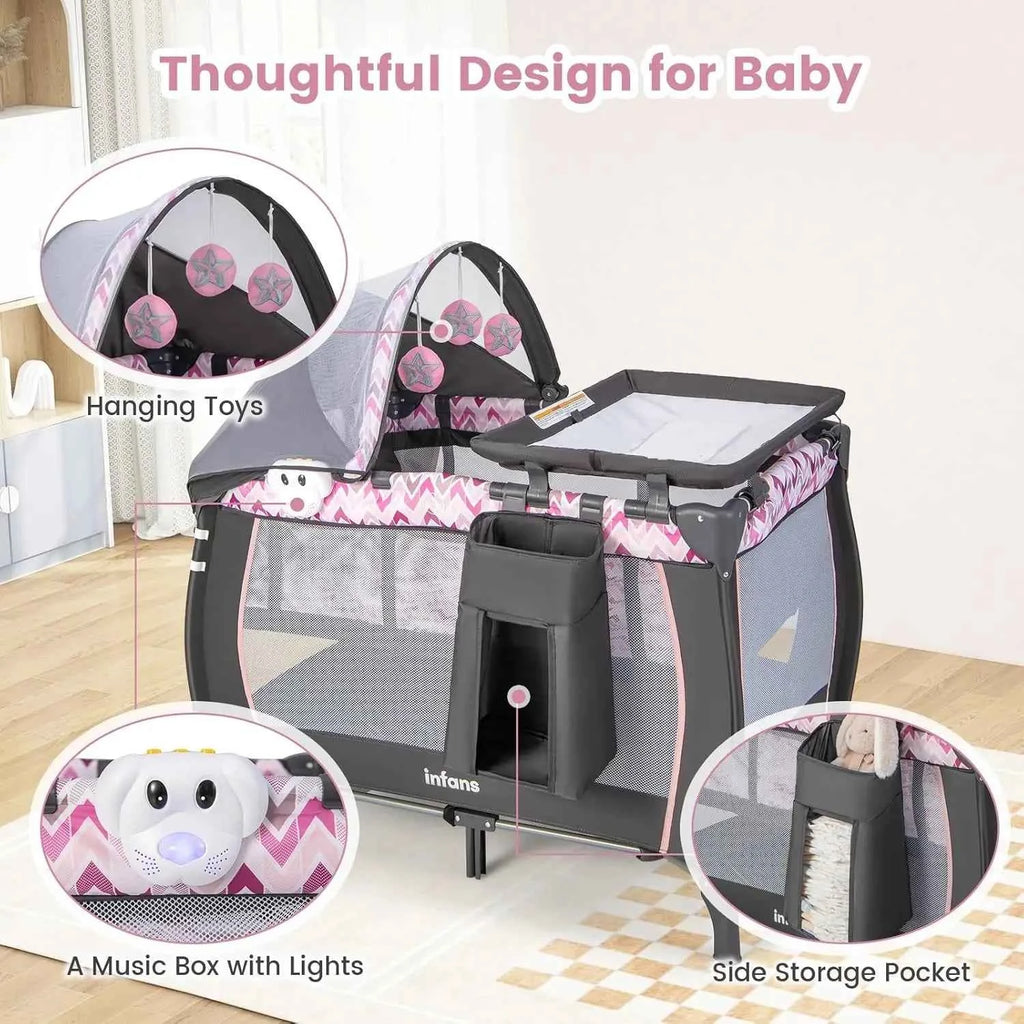 4-in-1 Portable Baby Playard with Bassinet, Changing Table, Canopy & Toys for Newborns to Toddlers (Pink)