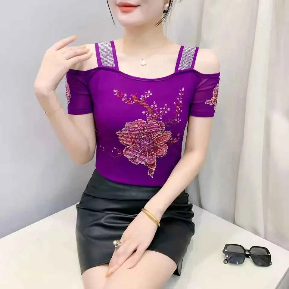 New Arrival Summer European Clothes Women's T-Shirts Chic Luxury Butterfly Hot Diamonds Tees Sexy Girl Slim Streetwear Tops