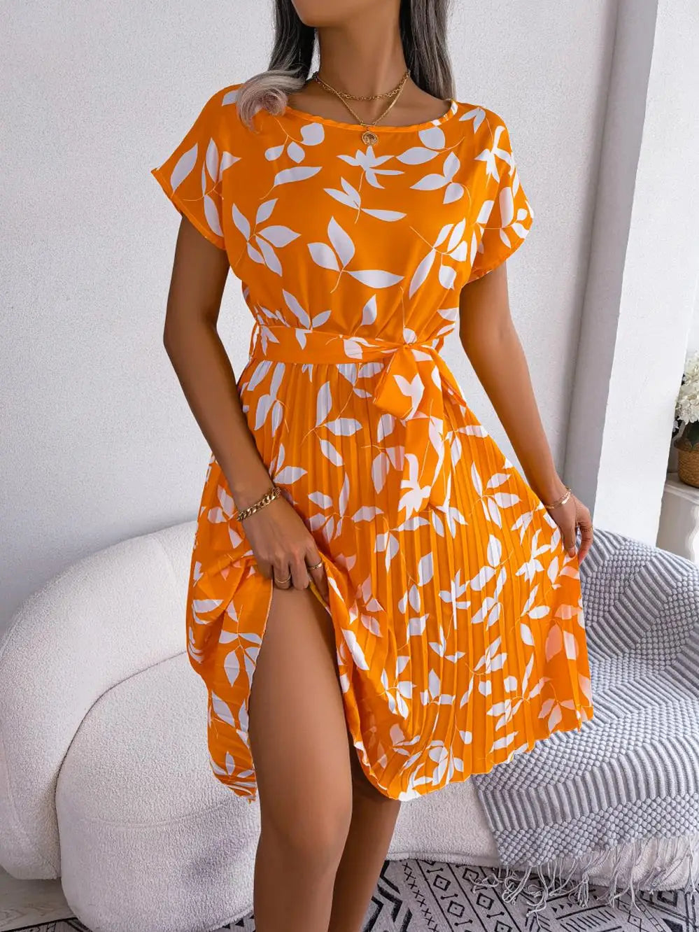 Ficusrong Fashion Floral Pleated A Line Long Dress Women Spring Summer Short Sleeve High Waist Chic Dress