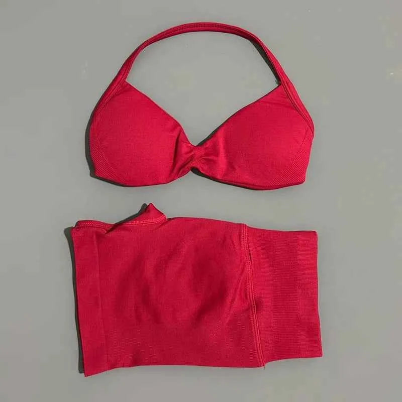 HISTELLO Gym Set 2 Piece Women Strappy Yoga Bra Top Workout Scrunch Shorts Sports Suit Fitness Clothes Seamless Yoga Set