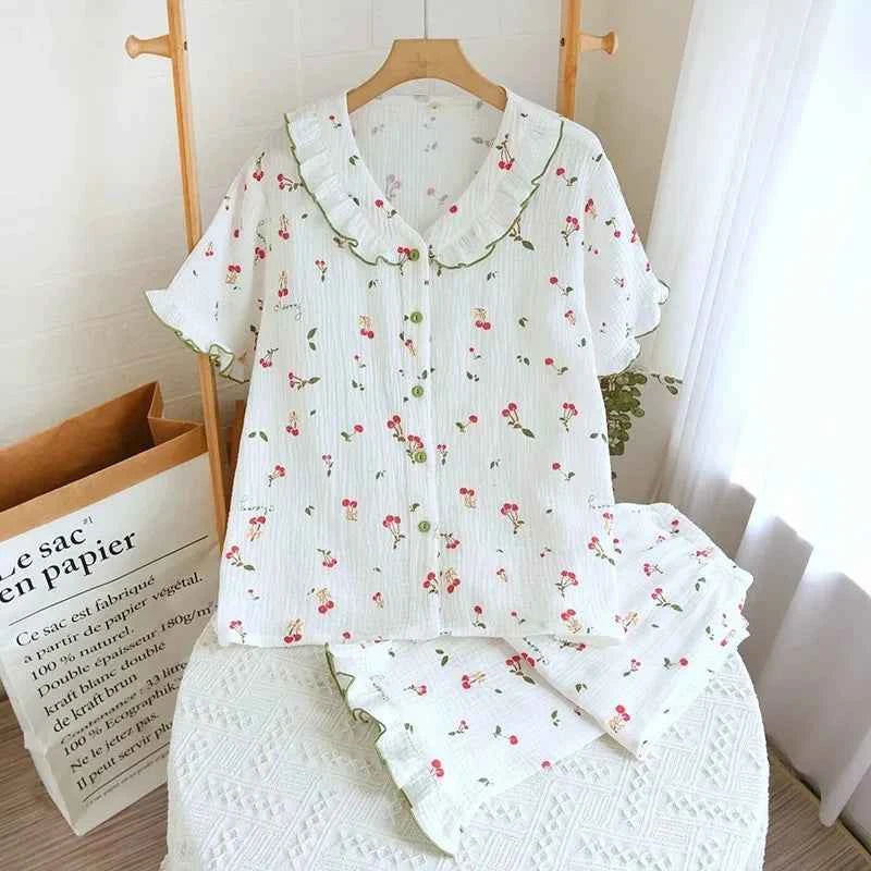 2024 New Summer Autumn Women Pajamas 100% Cotton Gauze Cherry Print Sleepwear Female 2 Piece Set Nightwear Pyjamas Loungewear