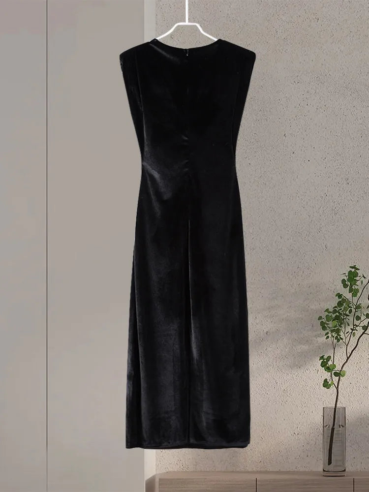 Elegant Velvet Long Dress Women V Neck Sleeveless High Waist Shoulder Pad Dresses Female 2025 Fashion Evening Vent Dresses Lady