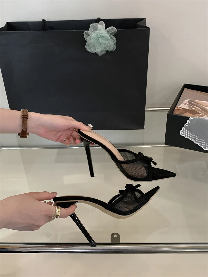 Liyke Street Fashion Bowknot Mesh Women Slippers Sandals Sexy Pointed Open Toe Black High Heels Mules Slides Party Banquet Shoes