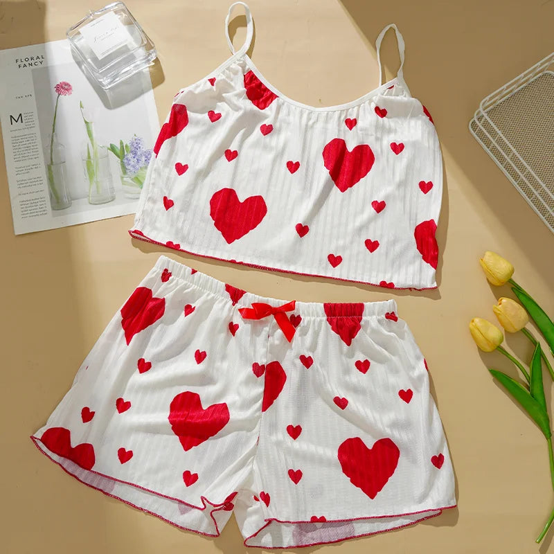 Heart Print 2PCS Home Suit Women's Suspender Shorts Casual Fashion Nightwear Female pajamas Lightweight Love Sleepwear