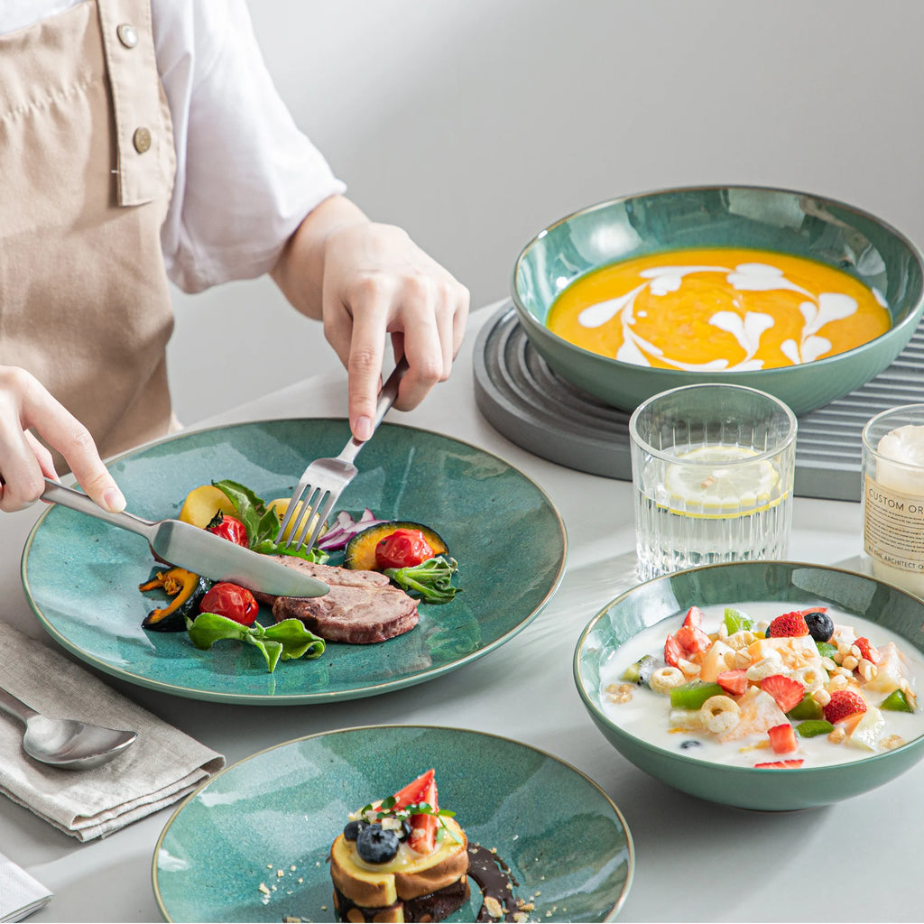 Vancasso KARST 16/32/48 Piece Green Embossed Stoneware Tableware Set with Dinner/Dessert Plate/Soup Bowl/Mug Service for 4/8/12