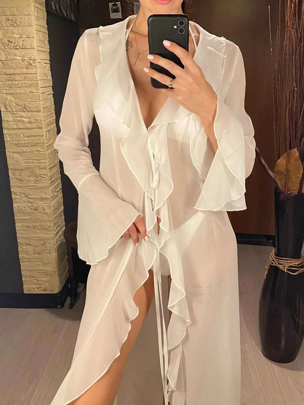 Women's V Neck Ruffled Long Sleeve Dress Chiffon Tunic Beach Cover Up Cover-ups Beach Dress Sunscreen Beachwear Vacation V5976B