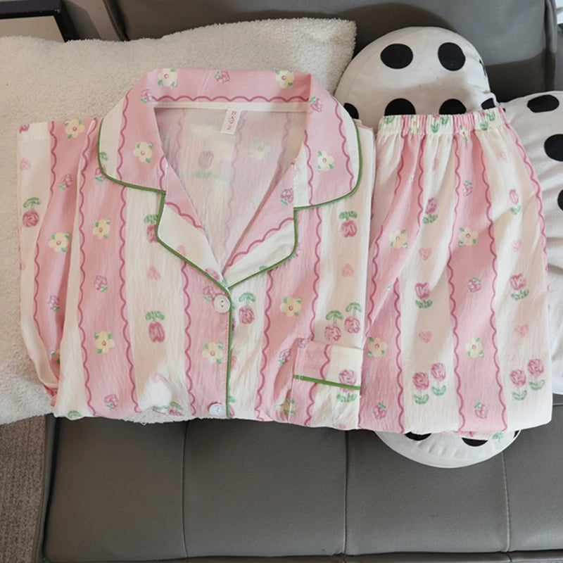 Print Flower Soft Thin Women's Pajama Set Autumn New Casual 2 Pieces Pajama Set Full Length Sleepwear for Sleeping Home Suits