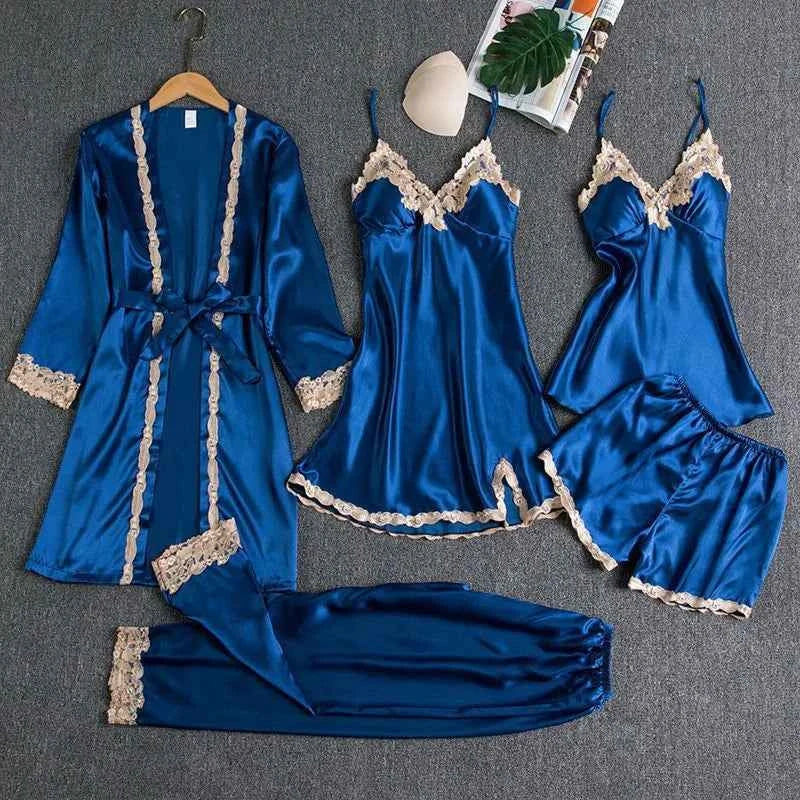 2025New Luxury Satin Pajama Set 5 Pcs Women's Silky Sleepwear Lace Trim Robe Nightgown Cami Shorts Pants Elegant Loungewear Hot