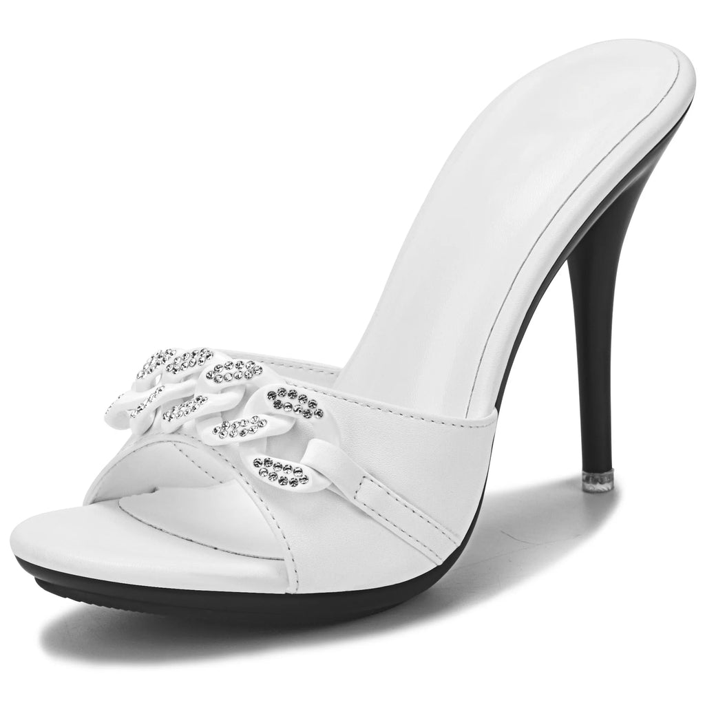 2022 New Diamond Chain Women Pumps Slippers Thin High Heels Party Shoes Fashion Solid Color Summer Dress Sandals Shallow Mouth