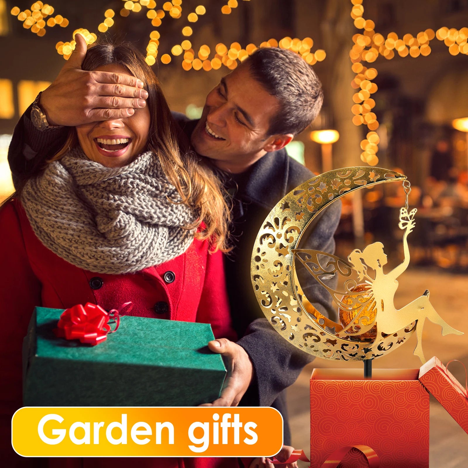 Solar Garden Lights Moon Fairy Crackle Glass Stake Lights Waterproof Warm White LED Metal Decorative Lights Outdoor Pathway