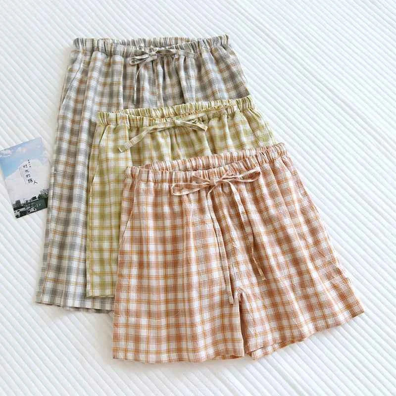 Summer Thin Loose Fit Women's Home Shorts Cotton Plaid Design Multi Colors Sleepwear Beach and Casual Wear Short Pants