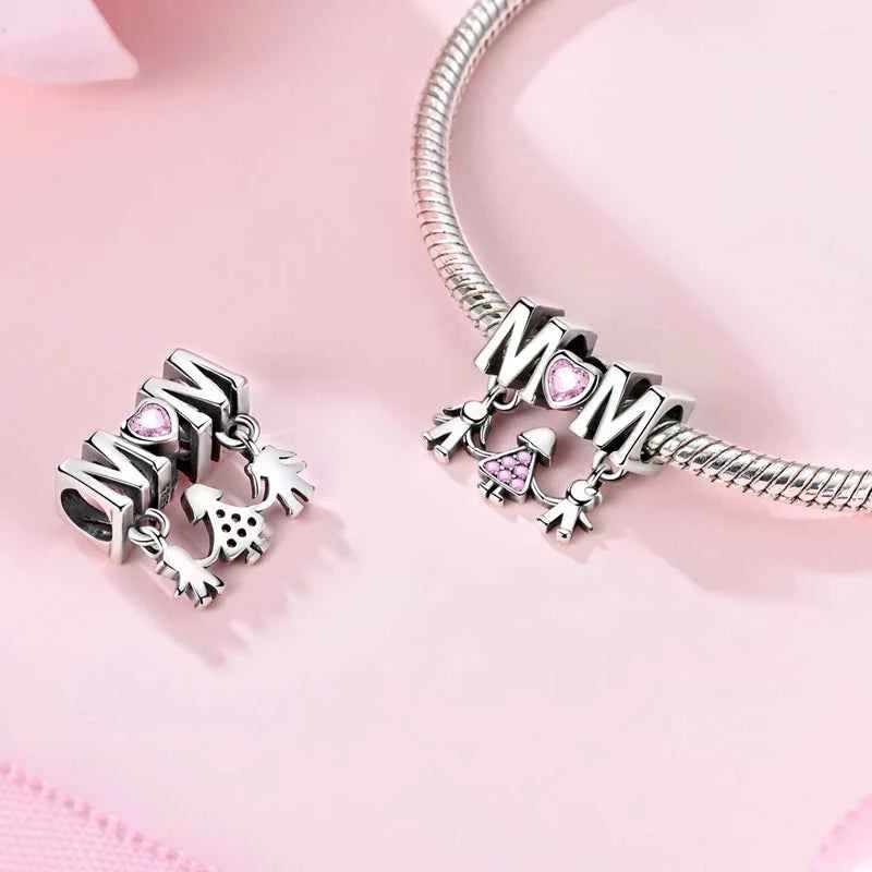Original 925 Sterling Silver Charm Bead Mother's Day Love Heart Family Charm Bead Pendant Fits Bracelet Womens Jewelry Gifts