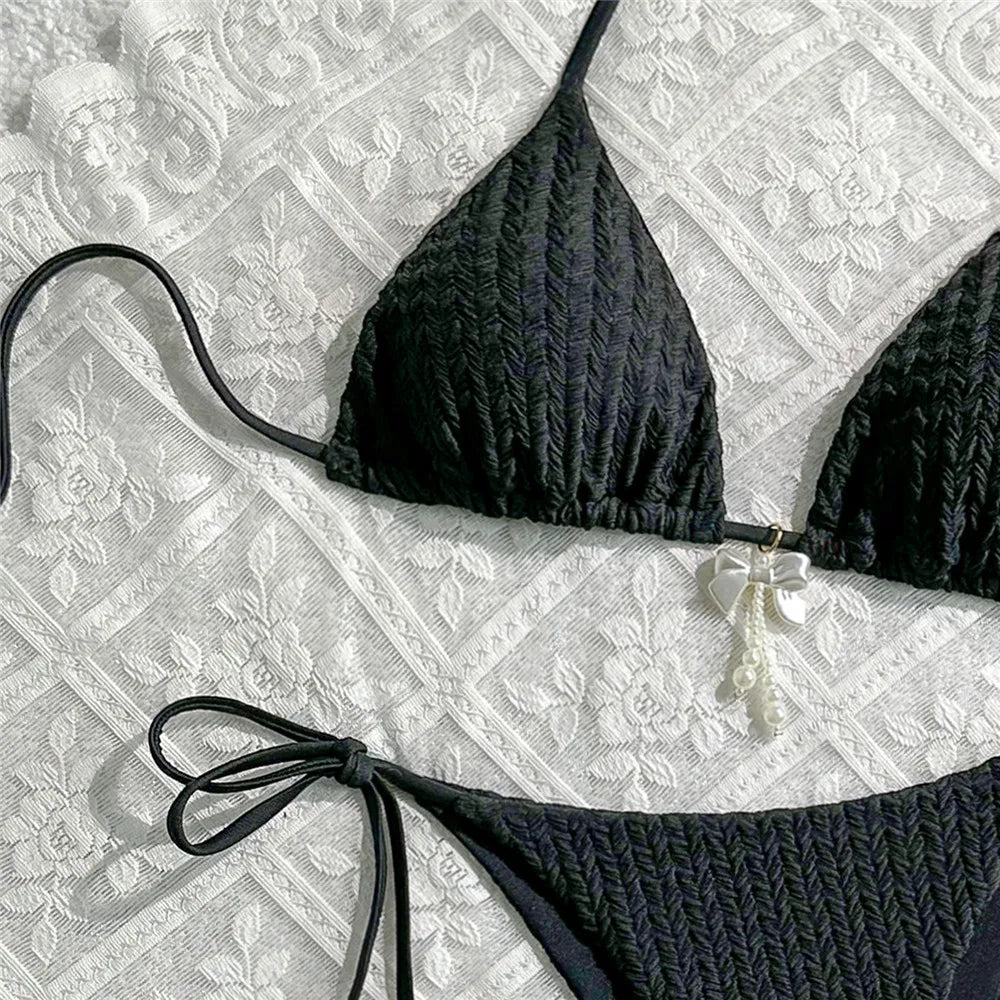 Yellow Halter String Triangle Micro Bikini Thong Solid Swimwears Bow Pearl Sexy Swimsuit Women Bathing Suit Bikinis Sets 2026