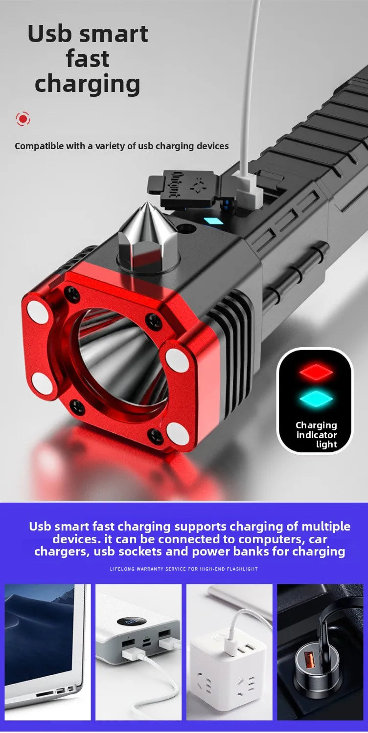 Multi-Functional Outdoor Flashlight-Pathfinding&Work Light Emergency Self-Rescue Safety Hammer with Window Breaker