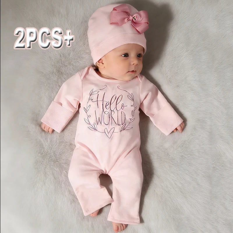 Ylsteed "Hello World" Embroidery Newborn Photography Props Infant Romper Jumpsuit with Bow Hat Baby Coming Home Outfit Baby Gift