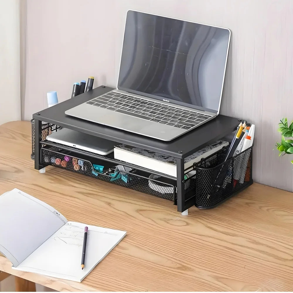 2-Tier Desk Organizers and Accessories, Pink & Black Computer Monitor Stand with Drawer, Pen Storage & Tablet Phone Holder