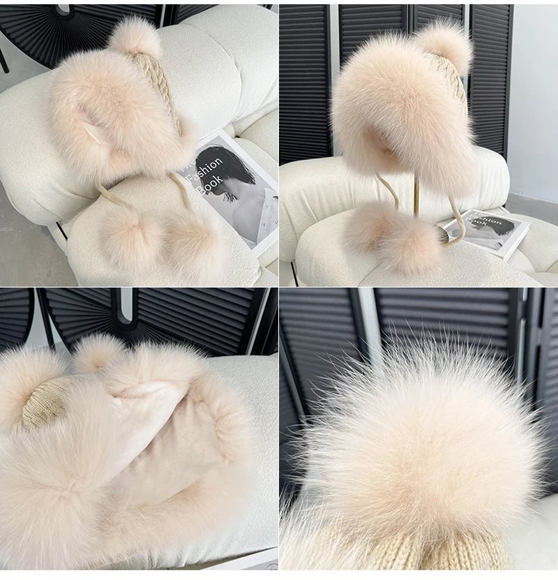 Winter Women Real Fox Fur Hat Fashion Casual Outdoor Warm Knitted Hats Girl Lovely 100% Natural Fox Fur Ear cap bomber caps