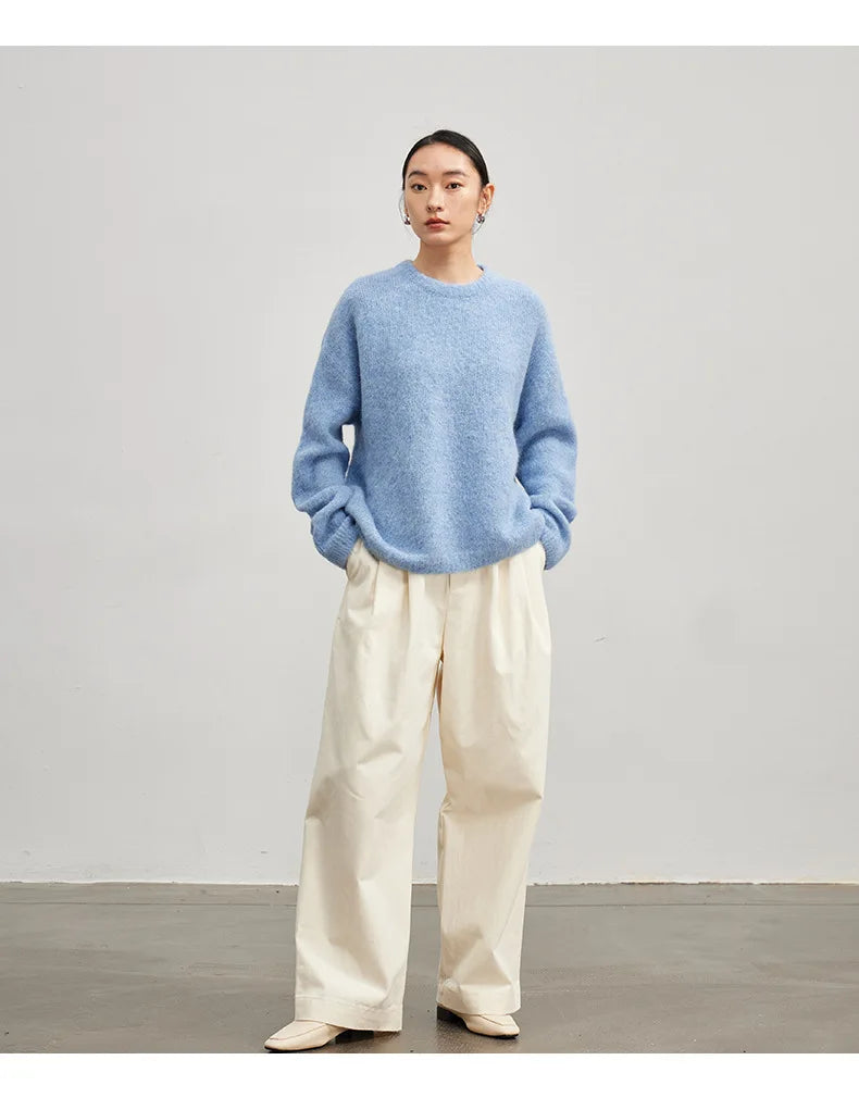 SuyaDream Warm Alpaca Pullovers for Woman, Dropped Sleeved Loose Sweaters, 2025 Fall Winter Top, Camel, Beige