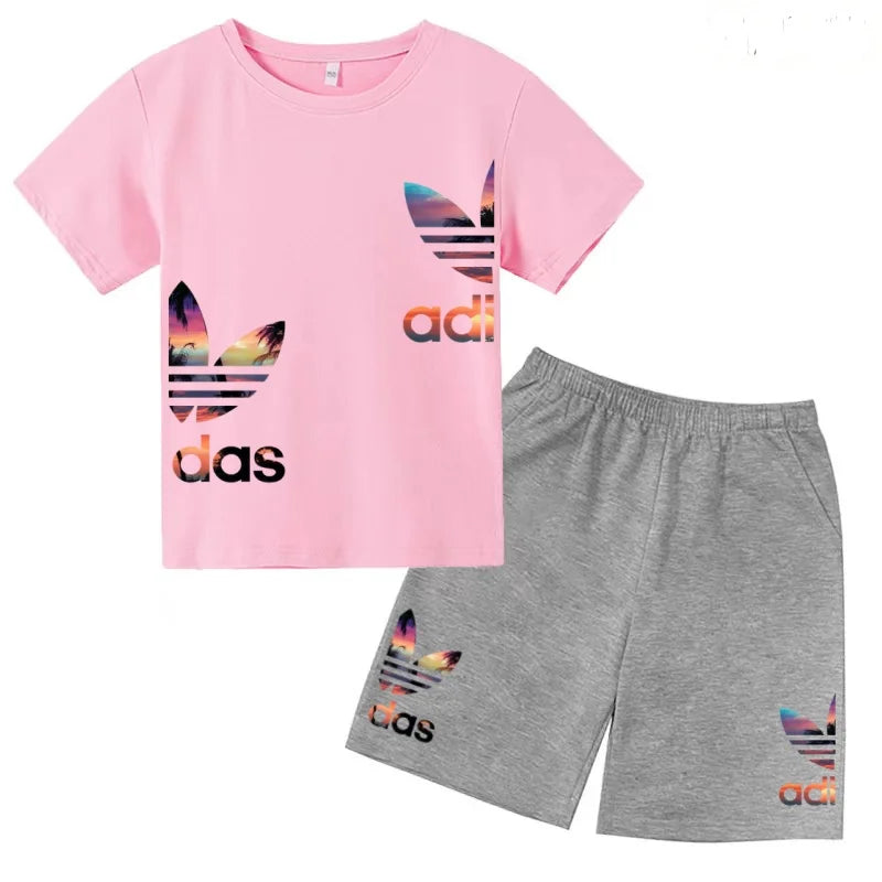 Kids T-shirt Set Colorful Letter Print Boys Girls 3-12Yrs Gift Short-sleeved+shorts 2P Round Neck Sports Casual Charming Clothes