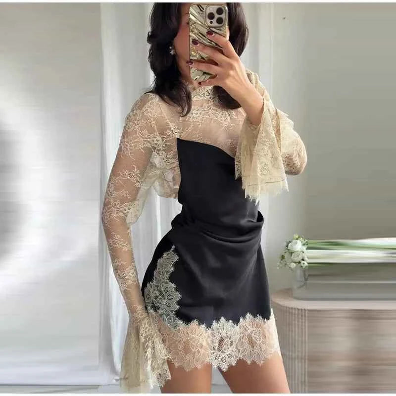 Elegant Lace Trim Satin Dress Women High Neck Color Block Full Sleeve Y2K Mini Dresses 2026 Spring Lady New Sexy Party Clubwear