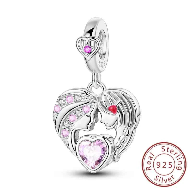 Original 925 Sterling Silver Charm Bead Mother's Day Love Heart Family Charm Bead Pendant Fits Bracelet Womens Jewelry Gifts