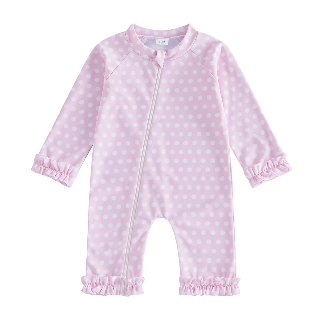 Toddler Baby Girl Summer Rash Guard Swimsuit Solid Color Print Long Sleeve Round Neck Romper Swimwear for Pool Beach