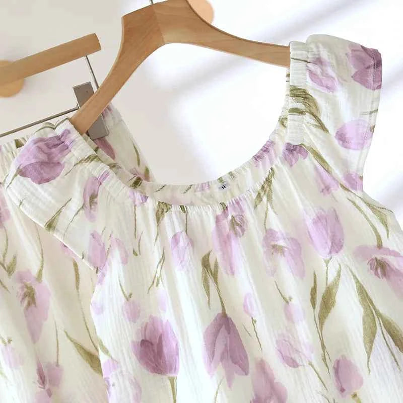 2025 Women's New Summer Pajama Set 100% Cotton Crepe Vest+Shorts Two Piece Loose Home Clothing Set Sleepwear Ladies