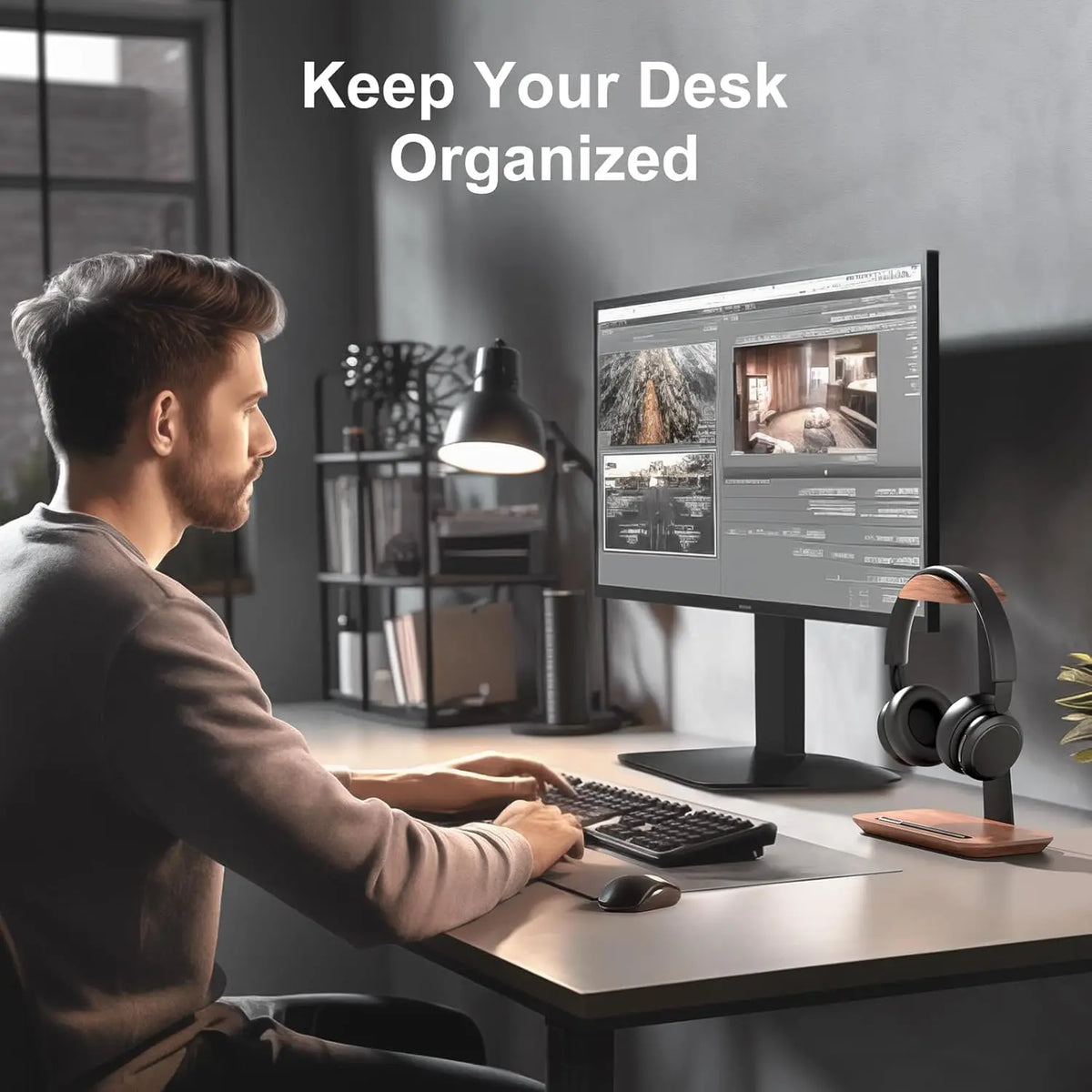 Wooden Headphone Stand With Storage Base For Desk
