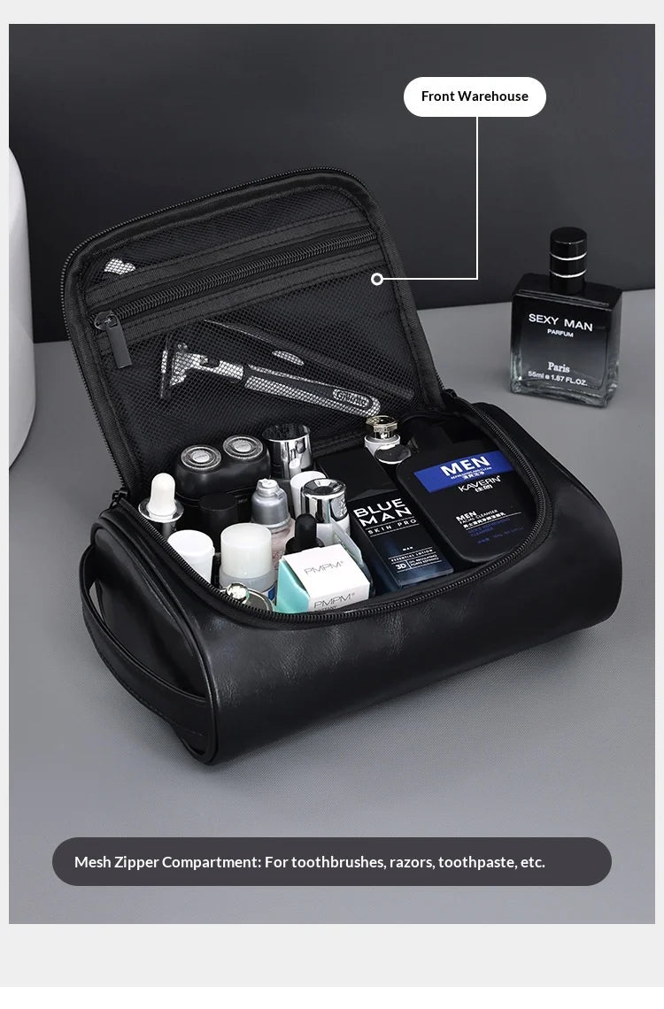 Large Capacity Men Leather Wash Bag Travel Business Trips Portable Cosmetic Bag Multi Pocket Design Handheld Leather Wash Bag LI
