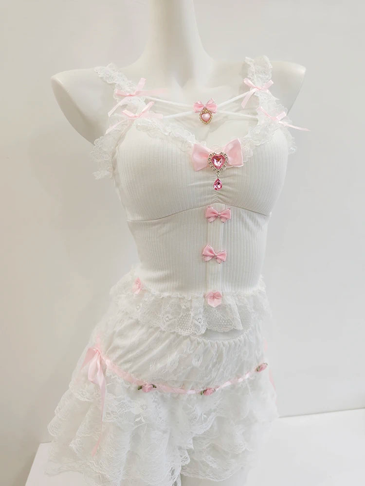 Sweet Crop Top Women Lace Trim Cotton Cropped Bows Bead Decoration Pink White Cute Camis Sweet Girls Lolita Style Kawaii Clothes