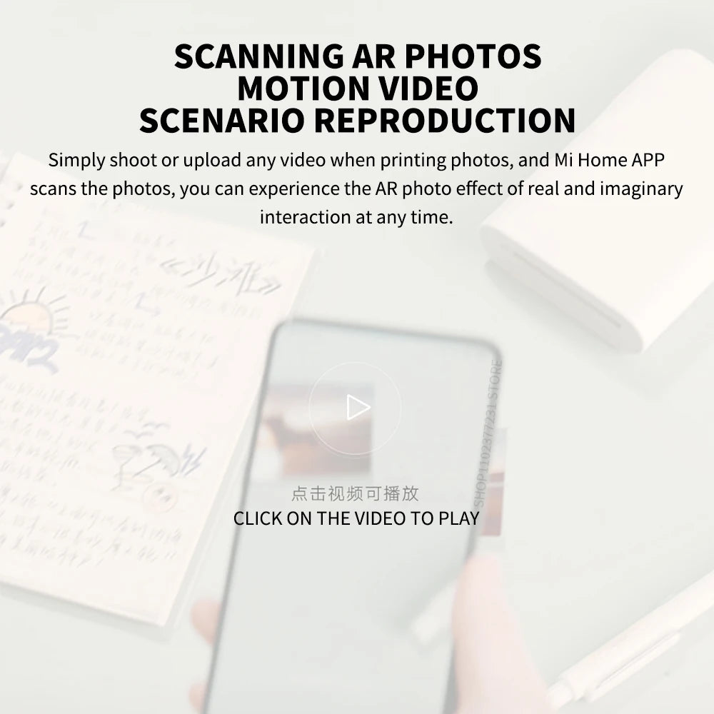 MIJIA AR Printer 300dpi Portable Photo Mini Pocket With DIY Share Picture Printer，case or Photo Paper，Work With Mihome APP