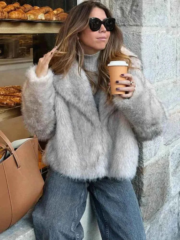HH Women Fashion Cropped Faux Fur Jacket Coat Long Sleeve Front Snap-button Female Outerwear Chic Lapel Collar Thick Coat