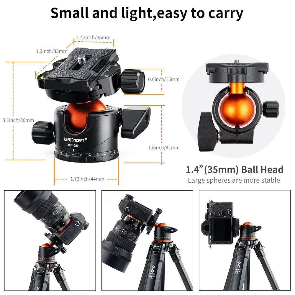 K&F CONCEPT Professional Tripod Ball Head 360° Rotation Panoramic 1/4" to 3/8" Srew Adapters BallHead for Tripod Monopod Camera