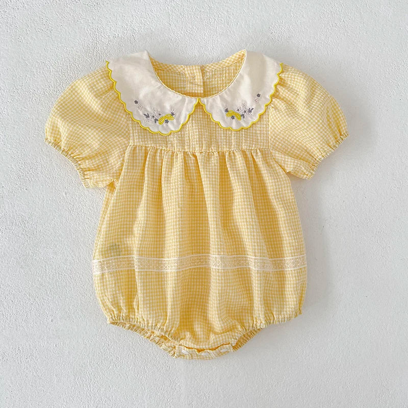 2026 Summer Baby Girl Embroidered Collar Bodysuits 0-24M Baby Girl Romper Newborn Short Sleeved Baby Girl Yellow Jumpsuit