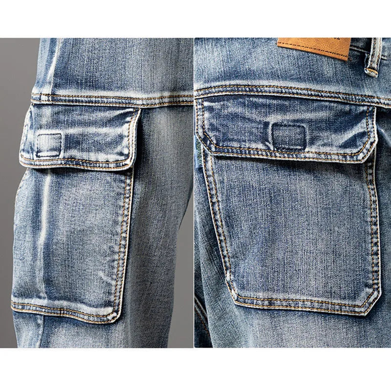 Autumn New Styles Outdoor Men'S Wide Leg Jeans Workwear Multi-Pocket Straight Pents Baggy Jeans Plus Size Tapered Jeans
