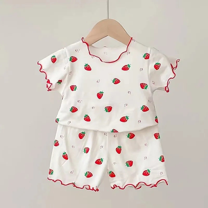 Baby Girl Strawberry Pajamas Set Summer Short Sleeve Thin Two Piece Toddler Kids Sleepwear Infant Home Wear Clothes