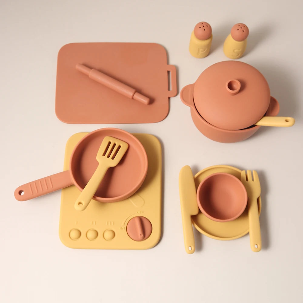 Kids Pretend Play Kitchen Toys, Food-Grade Silicone Dish Set, Realistic Mini Cooking Toys with Bowls, Plates, Pots for Toddlers